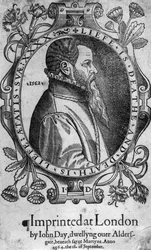 Retrato de John Day, frontispicio del Libro de los Mártires de Foxe, 1564