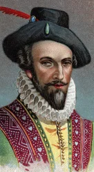 Retrato de Raleigh, Sir Walter (1554-1618). Marinero, explorador y corredor inglés - De la serie "Leaders of Men" - Cromolitografía - Escuela Inglesa, siglo XX