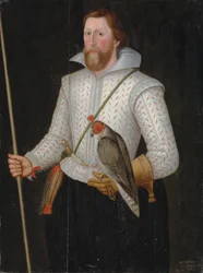 Retrato de Sir Thomas Monson, medio cuerpo, con un jubón blanco rasgado, ceñido con una espada, sosteniendo un halcón y su vara de mando