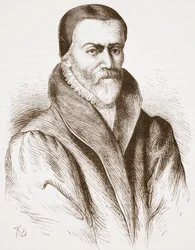 Retrato de William Tyndale (de un grabado antiguo en la Bibliothèque Nationale), ilustración de La Historia del Protestantismo de James Aitken Wylie, pub. 1878