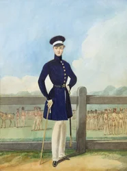 Retrato de un oficial británico con abrigo de uniforme y gorra de forraje