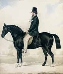 Retrato de un caballero con sombrero de copa, montado en un caballo de caza negro