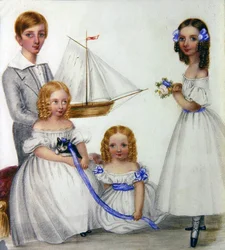 Retrato de cuatro niños sosteniendo un velero y un gatito, c.1830