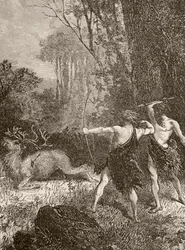Hombre prehistórico cazando con arco y flecha y lanza