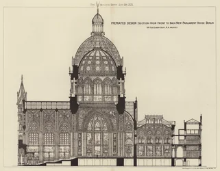 Diseño Premiato, Sección de Frente a Fondo de la Nueva Casa del Parlamento de Berlín (grabado)