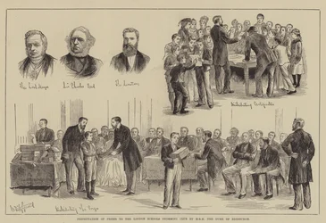 Presentación de premios al Club de Natación de Escuelas de Londres por SAR el Duque de Edimburgo (grabado)