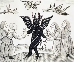 Presentación de niños al diablo, copia de una ilustración de La bruja de los bosques utilizada en una colección de folletos sobre esoterismo