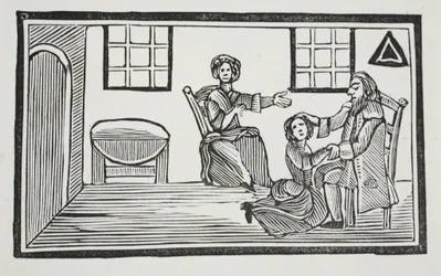 La bonita Bessie recibiendo la bendición de su padre cuando va a buscar su propio sustento, ilustración de Chap-books del siglo XVIII de John Ashton, pub. 1882