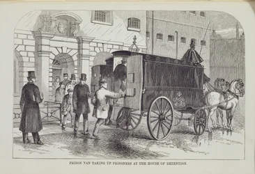 Furgón de Prisioneros recogiendo Prisioneros en la Casa de Detención, de Las Prisiones Criminales de Londres y Escenas de la Vida en Prisión por Henry Mayhew y John Binny, 1862