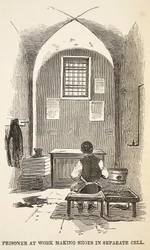 Prisionero trabajando haciendo zapatos en celda separada, ilustración de Las prisiones criminales de Londres y escenas de la vida en prisión de Henry Mayhew y John Binny, pub. 1862