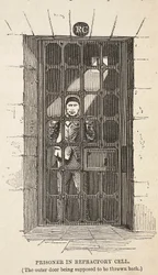 Prisionero en celda de castigo (se supone que la puerta exterior está abierta), ilustración de Las prisiones criminales de Londres y escenas de la vida en prisión de Henry Mayhew y John Binny, pub. 1862