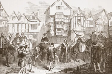 Procesión de Wolsey al Salón de Westminster, ilustración de La Historia del Protestantismo de James Aitken Wylie (1808-1890), pub. 1878