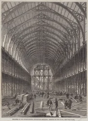 Progreso del Edificio de la Exposición Internacional, Parte de la Nave (grabado)