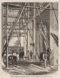 Progreso en el edificio de la Exposición Internacional; Aparato de elevación