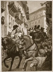 Recepción pública del príncipe Carlos en Madrid, ilustración de la Historia Ilustrada de Inglaterra de Cassell