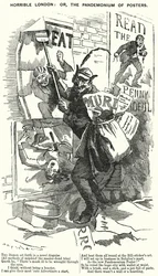 Caricatura de Punch: Londres Horrible: o, el Pandemonio de los Carteles - Londres en la época de los asesinatos de Jack el Destripador