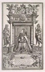 La Reina Isabel I (1533-1603) como Patrona de la Geografía y la Astronomía, Frontispicio de un libro de Mapas Sajones de Inglaterra, 1579