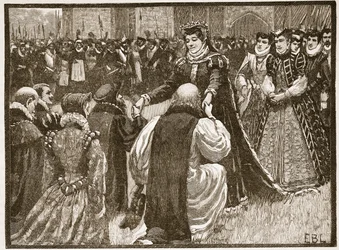 La reina María y los prisioneros de estado en la Torre, ilustración de la Historia Ilustrada de Inglaterra de Cassell