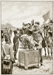 La Reina Victoria en la primera presentación de la Cruz Victoria, ilustración de Cassells Illustrated History of England