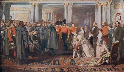 La reina Victoria recibe en audiencia a veteranos de la guerra de Crimea