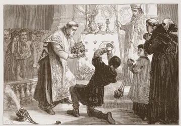 El milagro de Radziwill: curando a un falso endemoniado, ilustración de La Historia del Protestantismo de James Aitken Wylie (1808-1890), pub. 1878