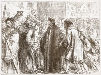 Recepción de Juan Huss en Nuremberg, ilustración de La Historia del Protestantismo por James Aitken Wylie (1808-1890), pub. 1878
