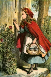 Caperucita Roja en la puerta de su abuela