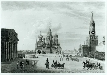 Plaza Roja, Moscú, de El Carácter de los Rusos y una Historia Detallada de Moscovia por Robert Lyall, publicado en 1823