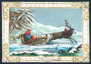 Reno tirando de trineo, tarjeta de Año Nuevo