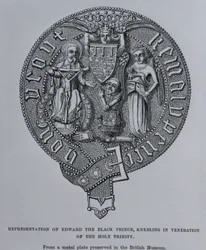 Representación de Eduardo, el Príncipe Negro, arrodillado en veneración de la Santísima Trinidad