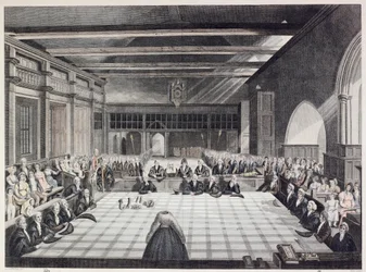 Representación de la ceremonia de presentación de los alguaciles de Londres (grabado en color)