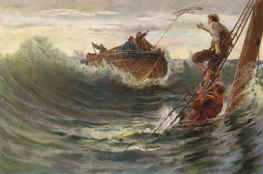 Rescate de hombres que han sobrevivido a un naufragio (chromolitho)