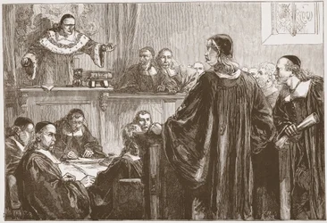 Richard Baxter ante el juez Jeffreys, ilustración de La Historia del Protestantismo de James Aitken Wylie, pub. 1878