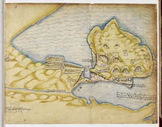 Plano de Tintagel de Richard Grenville, c.1583 (pluma y acuarela sobre papel)
