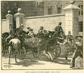Robert Pates Golpeando a la Reina fuera de Cambridge House, ilustración tomada de The Life and Times of Queen Victoria, Vol. II por Robert Wilson, 1888
