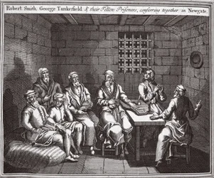 Robert Smith, George Tankerfield y sus compañeros prisioneros, conferenciando juntos en Newgate, ilustración de Mártires de Fox c.1703