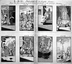 El Progreso de Robins en ocho escenas, desde su primera llegada de Oxford a Londres hasta su situación actual, 1733