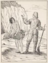 Robinson Crusoe y Viernes, ilustración de La historia de Robinson Crusoe: Una adaptación para niños siguiendo el lenguaje de Defoe, pub. por Griffith Farran Browne & Co. Limited, Londres