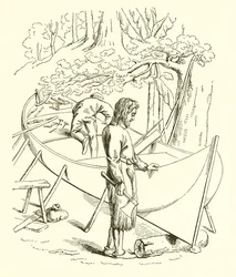 Robinson Crusoe construyendo su barco