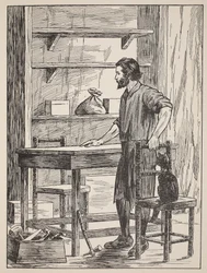Robinson Crusoe construyendo mesa y sillas para su cueva, ilustración de La historia de Robinson Crusoe: Una adaptación para niños siguiendo el lenguaje de Defoe, pub. por Griffith Farran Browne & Co. Limited, Londres