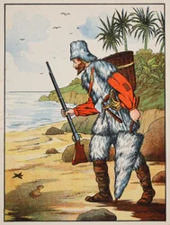 Robinson Crusoe, ilustración de La historia de Robinson Crusoe: Una adaptación para niños siguiendo el lenguaje de Defoe, pub. por Griffith Farran Browne & Co. Limited, Londres