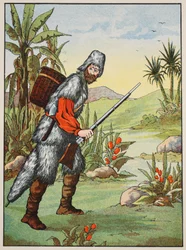 Robinson Crusoe, ilustración de La historia de Robinson Crusoe: Una adaptación para niños siguiendo el lenguaje de Defoe, pub. por Griffith Farran Browne & Co. Limited, Londres