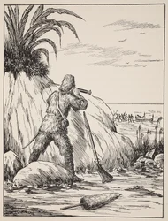 Robinson Crusoe, ilustración de La historia de Robinson Crusoe: Una adaptación para niños siguiendo el lenguaje de Defoe, pub. por Griffith Farran Browne & Co. Limited, Londres