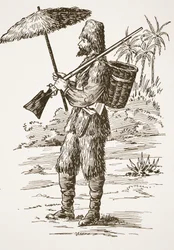 Robinson Crusoe, ilustración de La historia de Robinson Crusoe: Una adaptación para niños siguiendo el lenguaje de Defoe, pub. por Griffith Farran Browne & Co. Limited, Londres