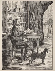 Robinson Crusoe en su cueva, ilustración de La historia de Robinson Crusoe: Una adaptación para niños siguiendo el lenguaje de Defoe, pub. por Griffith Farran Browne & Co. Limited, Londres