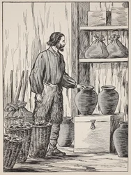 Robinson Crusoe en su almacén, ilustración de La historia de Robinson Crusoe: Una adaptación para niños siguiendo el lenguaje de Defoe, pub. por Griffith Farran Browne & Co. Limited, Londres