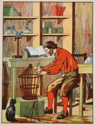 Robinson Crusoe haciendo una jaula para su loro, ilustración de La historia de Robinson Crusoe: Una adaptación para niños siguiendo el lenguaje de Defoe, pub. por Griffith Farran Browne & Co. Limited, Londres
