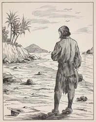 Robinson Crusoe en su isla, ilustración de La historia de Robinson Crusoe: Una adaptación para niños siguiendo el lenguaje de Defoe, pub. por Griffith Farran Browne & Co. Limited, Londres