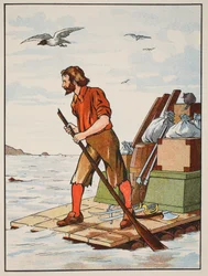 Robinson Crusoe en su balsa, ilustración de La historia de Robinson Crusoe: Una adaptación para niños siguiendo el lenguaje de Defoe, pub. por Griffith Farran Browne & Co. Limited, Londres