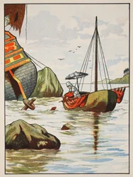 Robinson Crusoe rescatando a un perro de un naufragio español, ilustración de La historia de Robinson Crusoe: Una adaptación para niños siguiendo el lenguaje de Defoe, pub. por Griffith Farran Browne & Co. Limited, Londres